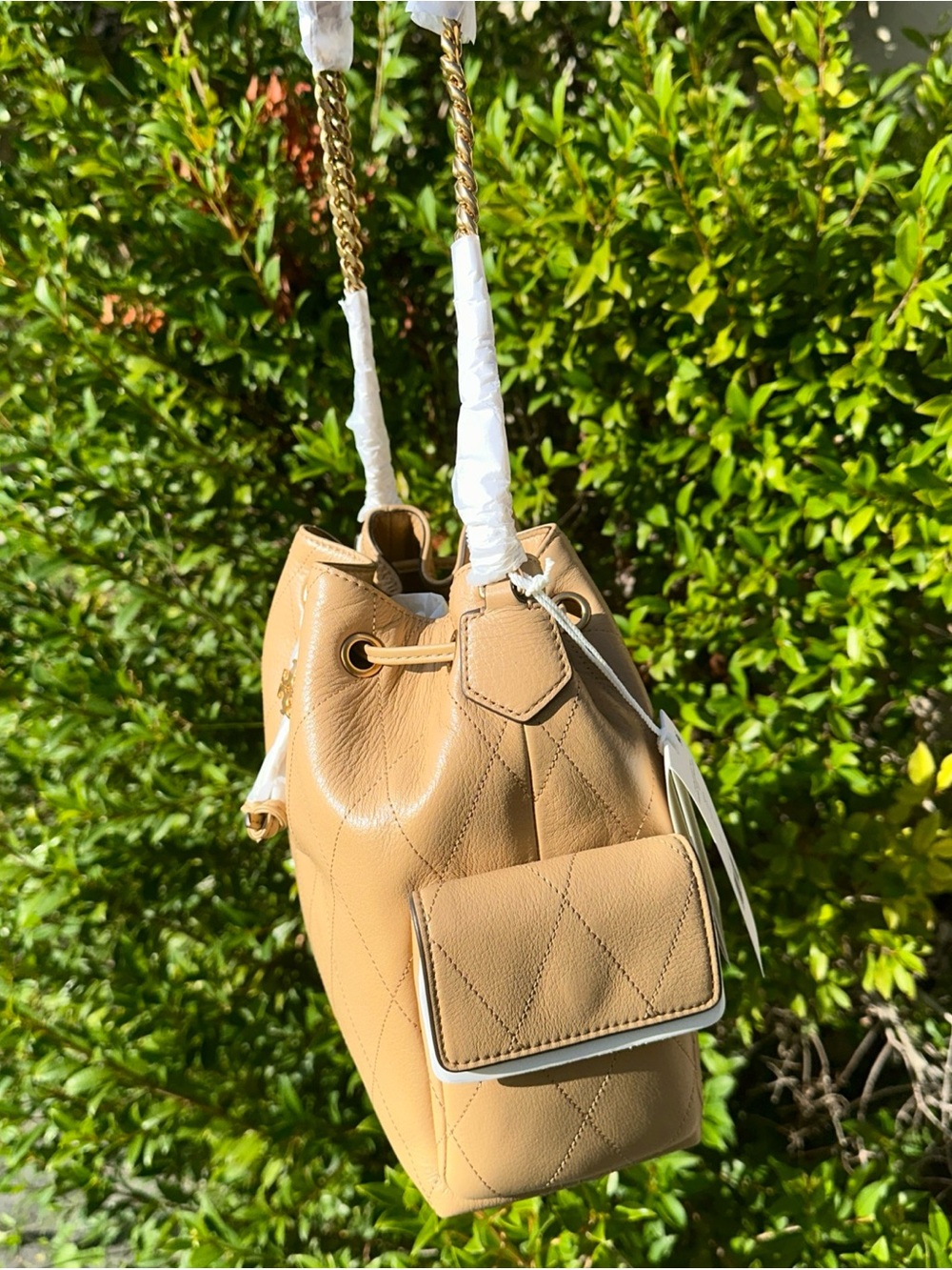 Tory Burch Quilted Leather Drawstring Bag with Gold Chain in Pecan - Picture 2 of 6